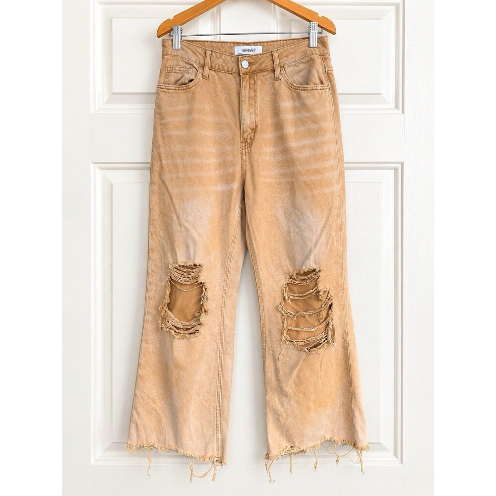 Vervet Size 28 Tan Distressed Cropped Jeans Raw Hem Y2K Western Boho Grunge